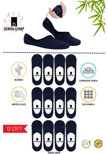 Bambu Babet Çorap Silikonlu 12 Çift (Yıkamalı,Burundikişsiz,Farfümlü,Premium) Erkek,Kadın