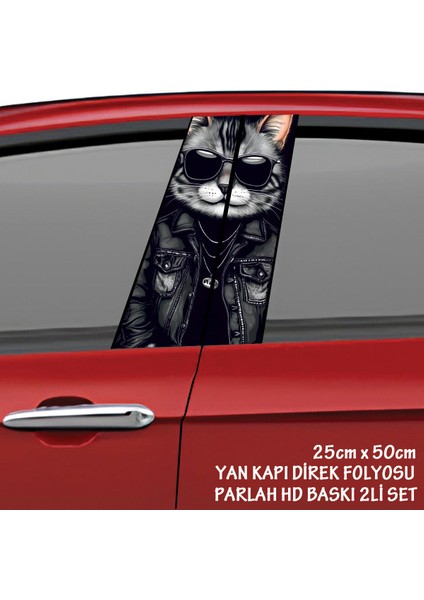 Gözlüklü Montlu Yakışıklı Kedi Resimli Oto Kaplama Folyo - 2 Adet Takım
