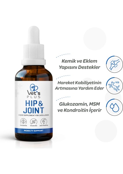 Vet's Plus Hip&Joint Damla 50ml (Kedi ve Köpekler İçin Glukozaminli Kemik Yapısı Destekleyici)