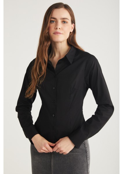 Bessy Kadın Likralı Organik Pamuklu Slim Fit Dar Kesim Vücuda Oturan Düğmeli Uzun Kollu Siyah Gömlek fiyatları