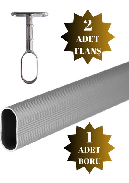 Alüminyum Oval Askı Borusu Mobilya Askı Borusu (2 Adet Ayaklı Açık Flanş 1 Adet Boru) (Alüminyum Oval En:15 mm Boy:25 mm)