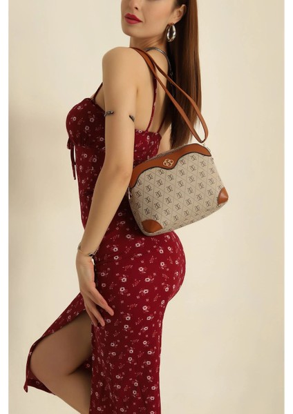 Kadın Bol Bej Gözlü Desenli Çapraz Askılı Omuz Çantası