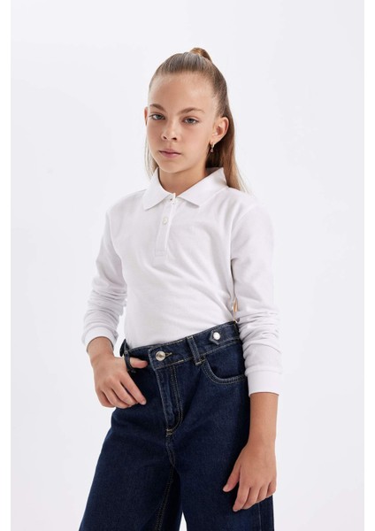 Kız Çocuk Beyaz Polo Yaka Düz Basic Pike Uzun Kollu Okul Tişörtü J0010A624AU
