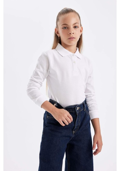 Kız Çocuk Beyaz Polo Yaka Düz Basic Pike Uzun Kollu Okul Tişörtü J0010A624AU