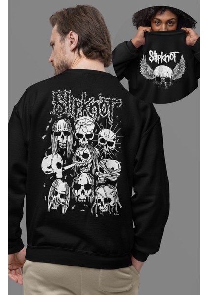 Slipknot Sırt Baskılı Kapüşonsuz Sweatshirt, Oversize Rock Band Baskılı Sweat