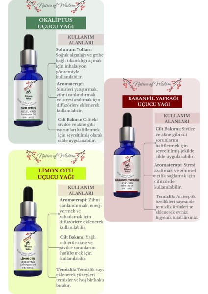 3'lü Set (Karanfil Yaprağı - Limon Otu - Okaliptus) Uçucu Yağı %100 Saf ve Doğal -3X10ML
