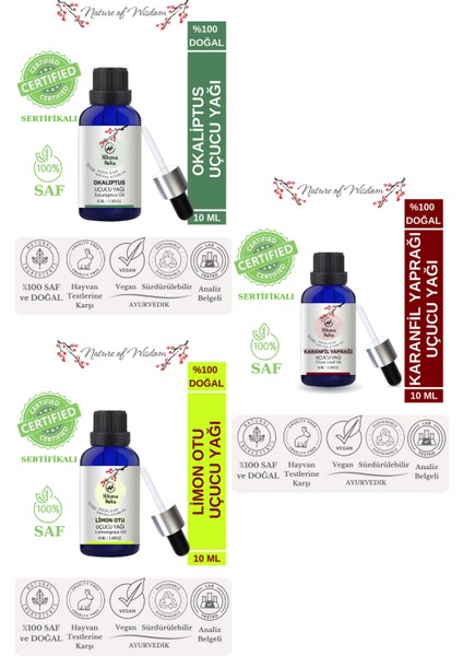 3'lü Set (Karanfil Yaprağı - Limon Otu - Okaliptus) Uçucu Yağı %100 Saf ve Doğal -3X10ML