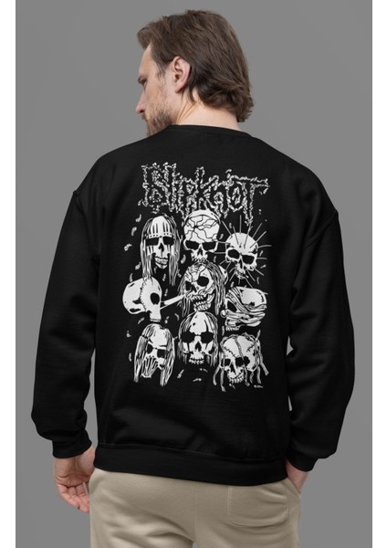 Slipknot Sırt Baskılı Kapüşonsuz Sweatshirt, Oversize Rock Band Baskılı Sweat