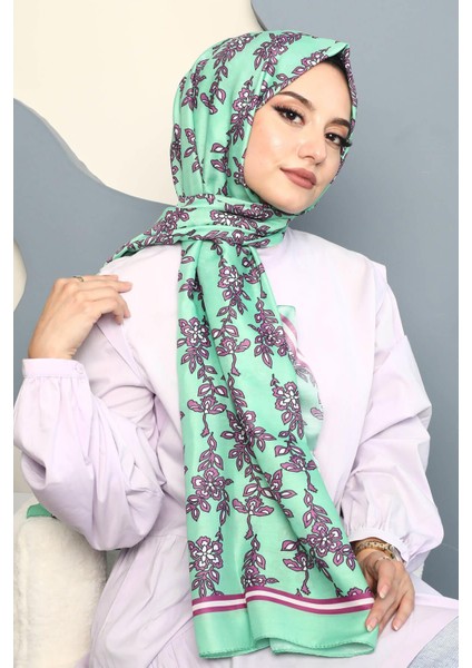 Çiçek Desen Mint Yeşili Soft Pamuk Şal