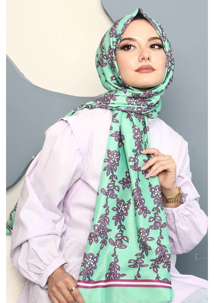 Çiçek Desen Mint Yeşili Soft Pamuk Şal