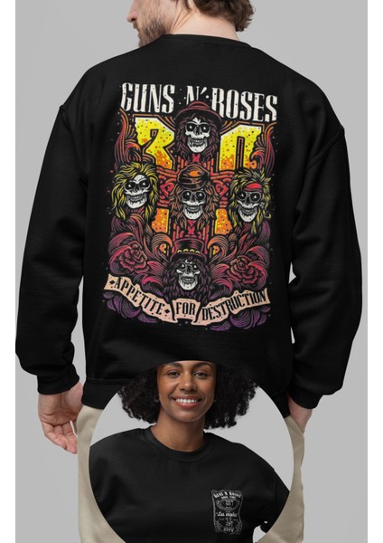 Guns N Roses Sırt Baskılı Kapüşonsuz Sweatshirt, Oversize Rock Band Baskılı Sweat