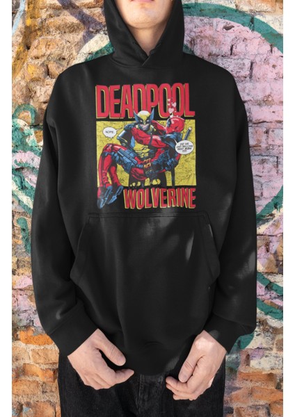 Deadpool Wolverine Baskılı Kapüşonlu Sweatshirt, Oversize Çizgi Roman Baskılı Hoodie