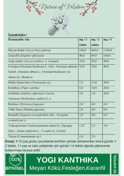 YOGİ KANTHİKA Meyan Kökü,Fesleğen,Karanfil İçeren Gıda Takviyesi 63 Bitkisel Tablet