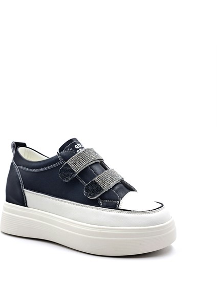 G24K313 Deri 2 cm Gizli Topuk Taşlı Cırtlı Kadın Siyah Sneaker Spor Ayakkabı