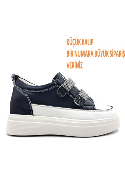G24K313 Deri 2 cm Gizli Topuk Taşlı Cırtlı Kadın Siyah Sneaker Spor Ayakkabı