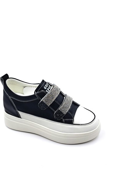 G24K313 Deri 2 cm Gizli Topuk Taşlı Cırtlı Kadın Siyah Sneaker Spor Ayakkabı