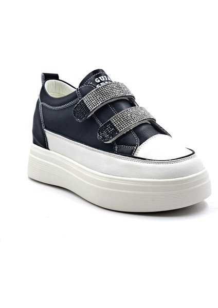 G24K313 Deri 2 cm Gizli Topuk Taşlı Cırtlı Kadın Siyah Sneaker Spor Ayakkabı