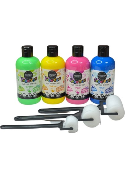 4'lü Mammacomica Yıkanabilir Parmak Boyası-4* 250ML- 3'lü Sünger Roller