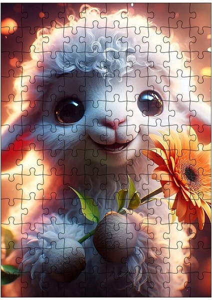 Ahşap Mdf Puzzle Yapboz Sarı Çiçek ve Sevimli Kuzu 120 Parça 25*35 cm