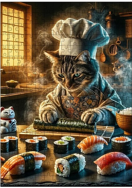 Ahşap Mdf Puzzle Yapboz Sushi Yapan Aşçı Kedi 255 Parça 35*50 cm