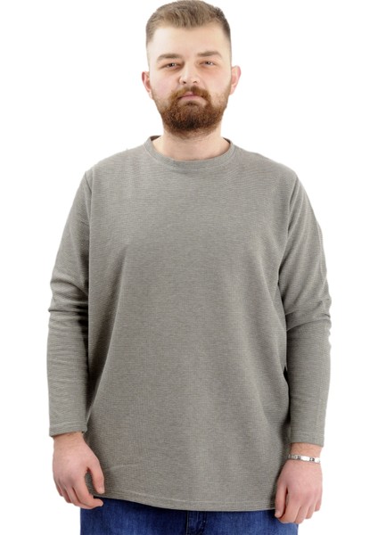 Büyük Beden Erkek Sweatshirt Bisiklet Yaka Uzun Kol Waffle 23460 Haki