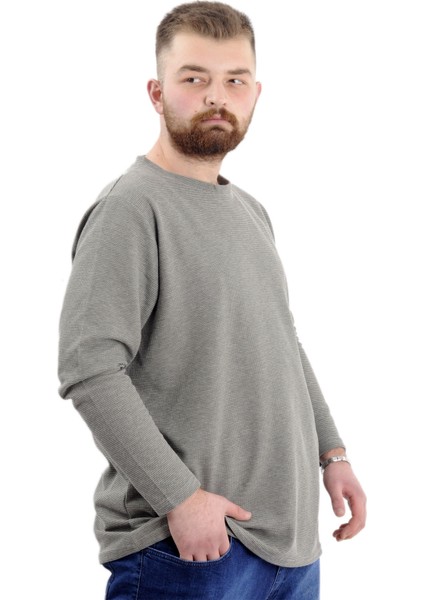 Büyük Beden Erkek Sweatshirt Bisiklet Yaka Uzun Kol Waffle 23460 Haki modelleri