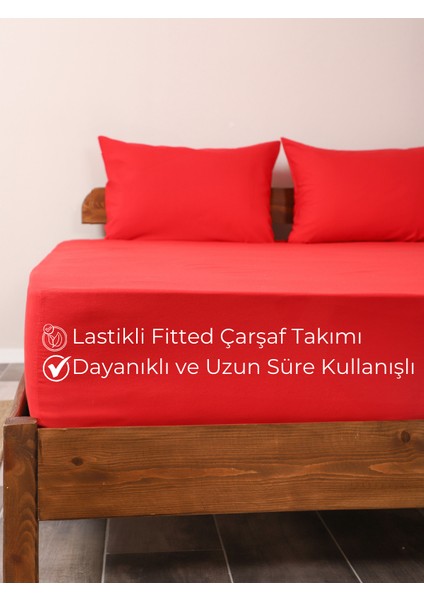 Rozet Tekstil Kırmızı Lastikli Çarşaf Takımı Fitted Pamuklu Dokuma Kumaş Yastık Kılıflı