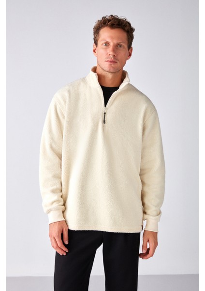 Matts Erkek Polar Yarım Fermuarlı Kalın Dokulu Oversize Fit Ekru Polar