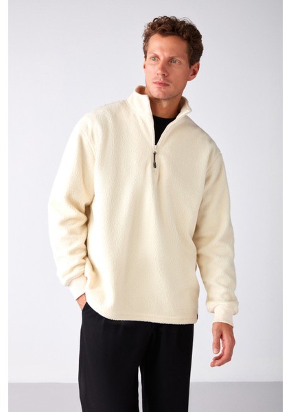 Matts Erkek Polar Yarım Fermuarlı Kalın Dokulu Oversize Fit Ekru Polar
