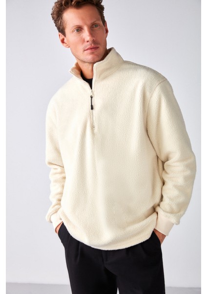 Matts Erkek Polar Yarım Fermuarlı Kalın Dokulu Oversize Fit Ekru Polar