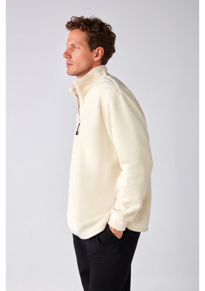 Matts Erkek Polar Yarım Fermuarlı Kalın Dokulu Oversize Fit Ekru Polar
