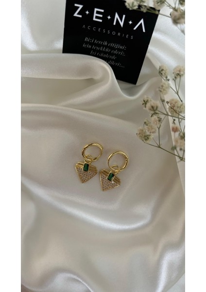 by zena aksesuar Zena Accessories Emerald Yeşil Taşlı Üçgen Küpe