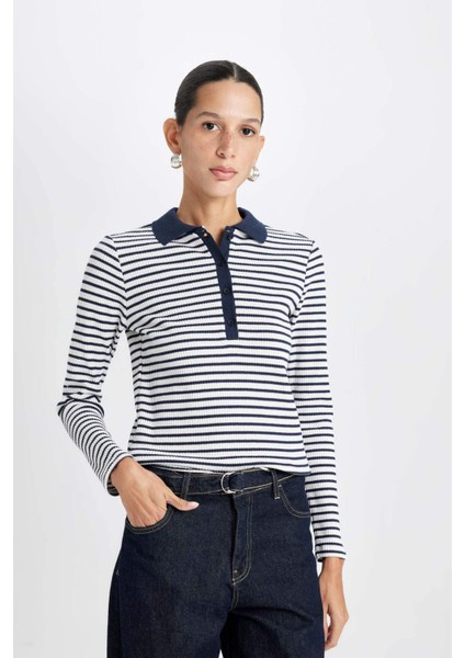 Slim Fit Dar Kesim Polo Yaka Düğmeli Çizgili Fitilli Kaşkorse Uzun Kollu Tişört D5140AX24AU fırsatları