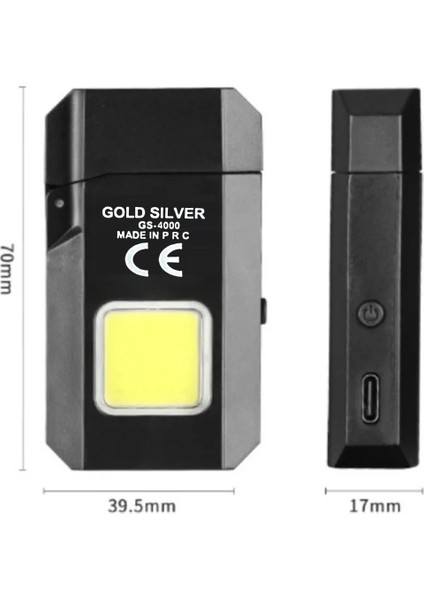 Gold Silver Cob LED Type-C Şarjlı Elektrikli Çakmak Cep Feneri GS-4000