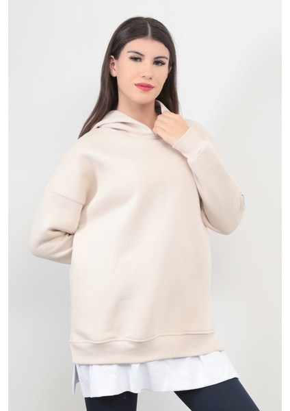 Kadın Oversize Kapüşonlu Sweatshirt Eteği T-Shirt Katman Detaylı Ribanalı Bej Hoodie - 2520