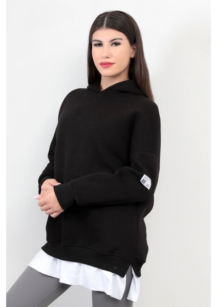 Siyah Kadın Oversize Kapüşonlu Sweatshirt Eteği T-Shirt Katman Detaylı Ribanalı Hoodie - 2520