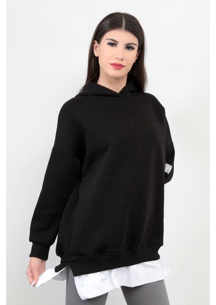 Siyah Kadın Oversize Kapüşonlu Sweatshirt Eteği T-Shirt Katman Detaylı Ribanalı Hoodie - 2520