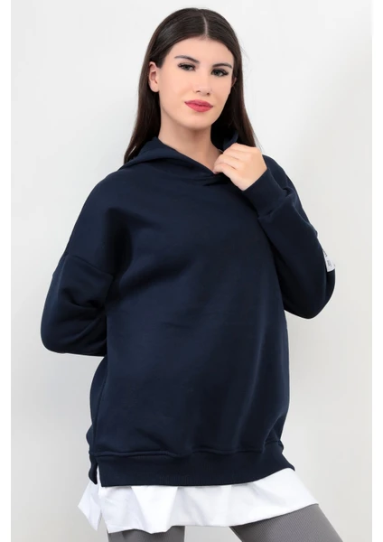 Lacivert Kadın Oversize Kapüşonlu Sweatshirt Eteği T-Shirt Katman Detaylı Ribanalı Hoodie - 2520