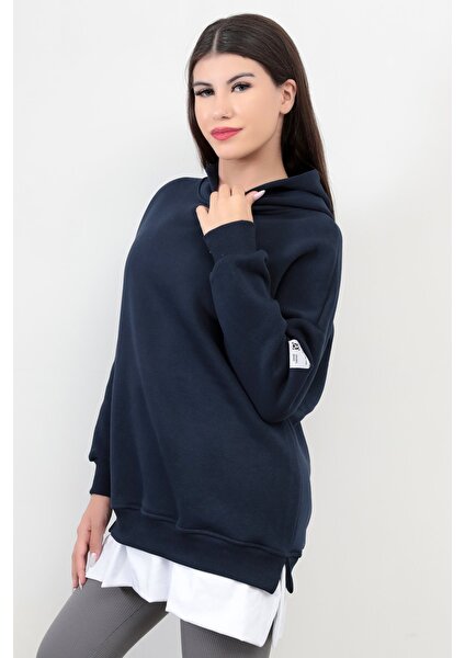 Lacivert Kadın Oversize Kapüşonlu Sweatshirt Eteği T-Shirt Katman Detaylı Ribanalı Hoodie - 2520