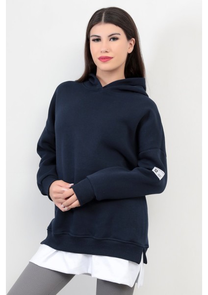 Lacivert Kadın Oversize Kapüşonlu Sweatshirt Eteği T-Shirt Katman Detaylı Ribanalı Hoodie - 2520