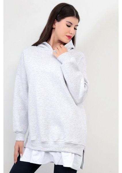 Kar Melanj Kadın Oversize Kapüşonlu Sweatshirt Eteği T-Shirt Katman Detaylı Ribanalı Hoodie - 2520