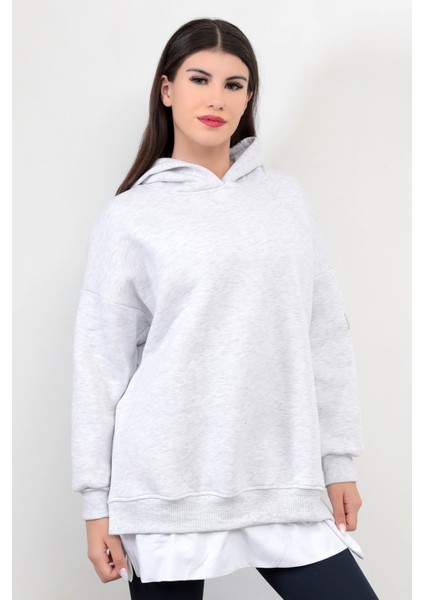 Kar Melanj Kadın Oversize Kapüşonlu Sweatshirt Eteği T-Shirt Katman Detaylı Ribanalı Hoodie - 2520