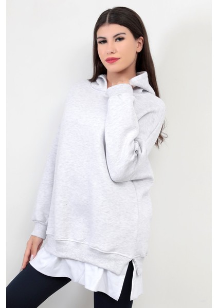 Kar Melanj Kadın Oversize Kapüşonlu Sweatshirt Eteği T-Shirt Katman Detaylı Ribanalı Hoodie - 2520