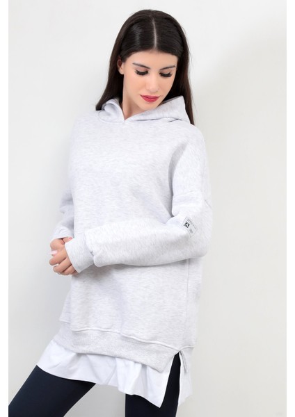 Kar Melanj Kadın Oversize Kapüşonlu Sweatshirt Eteği T-Shirt Katman Detaylı Ribanalı Hoodie - 2520