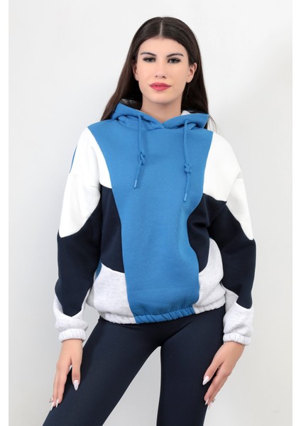 Kadın Kapüşonlu Mavi Sweatshirt 3 İp Şardonlu Pamuk Polyester Karışım Siyah-Beyaz Garnili Hoodie - 2553