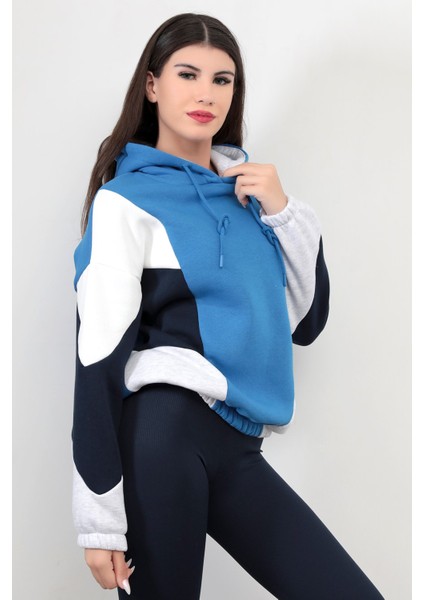 Kadın Kapüşonlu Mavi Sweatshirt 3 İp Şardonlu Pamuk Polyester Karışım Siyah-Beyaz Garnili Hoodie - 2553