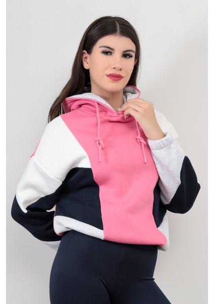 Kadın Kapüşonlu Pembe Sweatshirt 3 İp Şardonlu Pamuk Polyester Karışım Siyah-Beyaz Garnili Hoodie - 2553