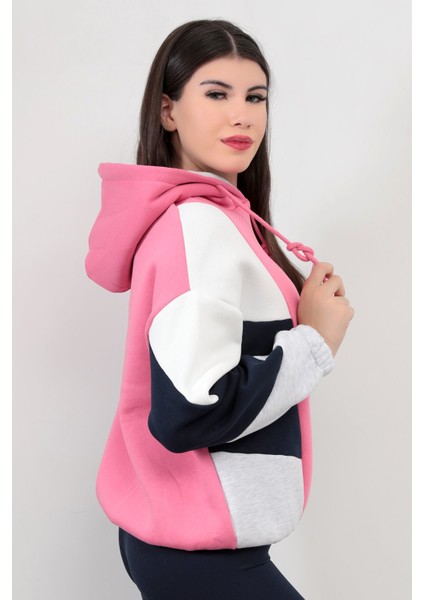 Kadın Kapüşonlu Pembe Sweatshirt 3 İp Şardonlu Pamuk Polyester Karışım Siyah-Beyaz Garnili Hoodie - 2553