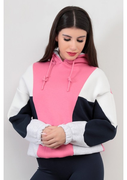 Kadın Kapüşonlu Pembe Sweatshirt 3 İp Şardonlu Pamuk Polyester Karışım Siyah-Beyaz Garnili Hoodie - 2553