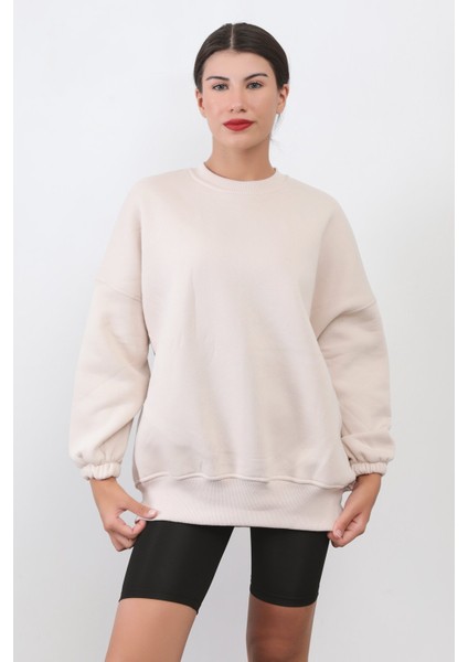 Kadın Oversize Bej Sweatshirt Pamuk Karışım Bisiklet Yaka Ribanalı Lastikli Kol Detay - 2573